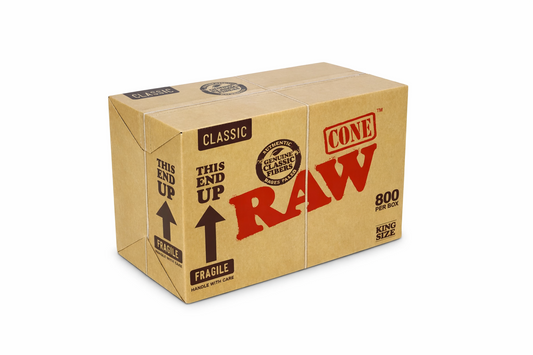 RAW Classic King Size Cones 800‑piece box shown in natural‑brown branded packaging on a pure white background.