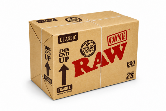 RAW Classic King Size Cones 800‑piece box shown in natural‑brown branded packaging on a pure white background.