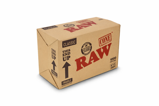 “RAW Classic Cones 1000‑piece box shown in natural‑brown branded packaging on a pure white background.