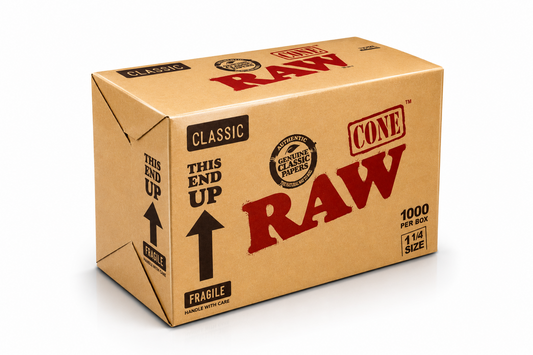 RAW Classic Pre Rolled Cones 1000‑piece box shown in natural‑brown branded packaging on a pure white background.