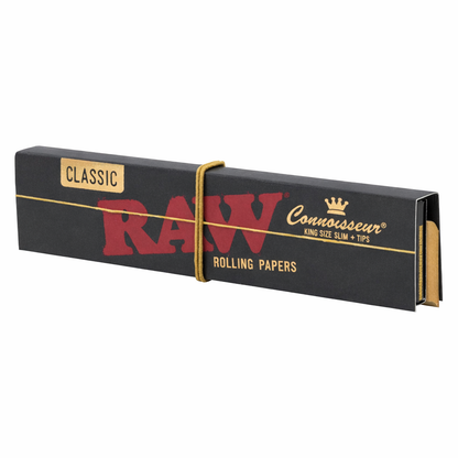 Raw Connoisseur Black rolling papers with tips pack displayed on a clean white background in a centred product layout.