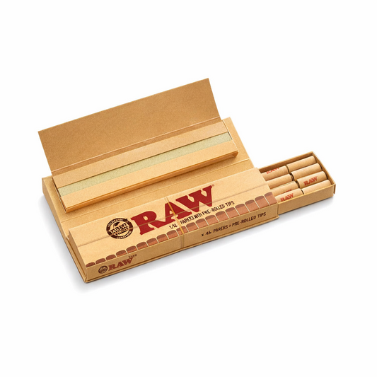 RAW Connoisseur rolling papers with pre‑rolled tips in natural‑brown branded packaging displayed on a pure white background.
