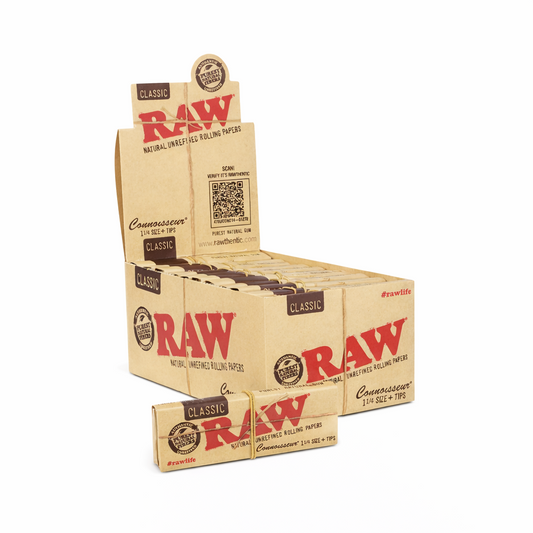 RAW Connoisseur rolling papers with tips, full box of 24 in natural‑brown branded packaging displayed on a pure white background.