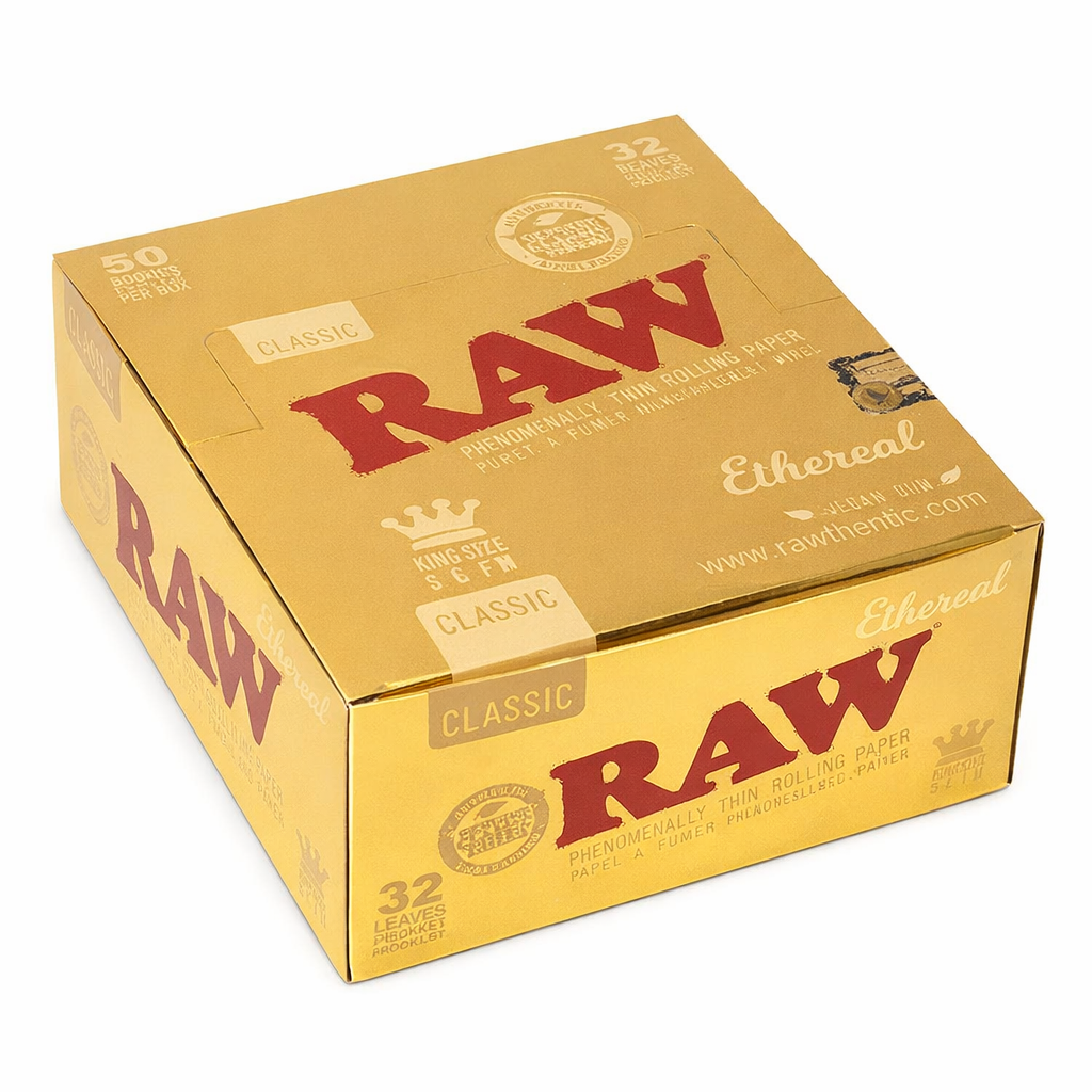 RAW Ethereal King Size Slim rolling papers full box in gold branded packaging displayed on a pure white background.