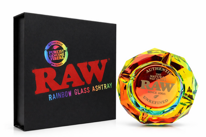 Rainbow glass ashtray with RAW branding next to a black box with RAW logo on a pure white background.
