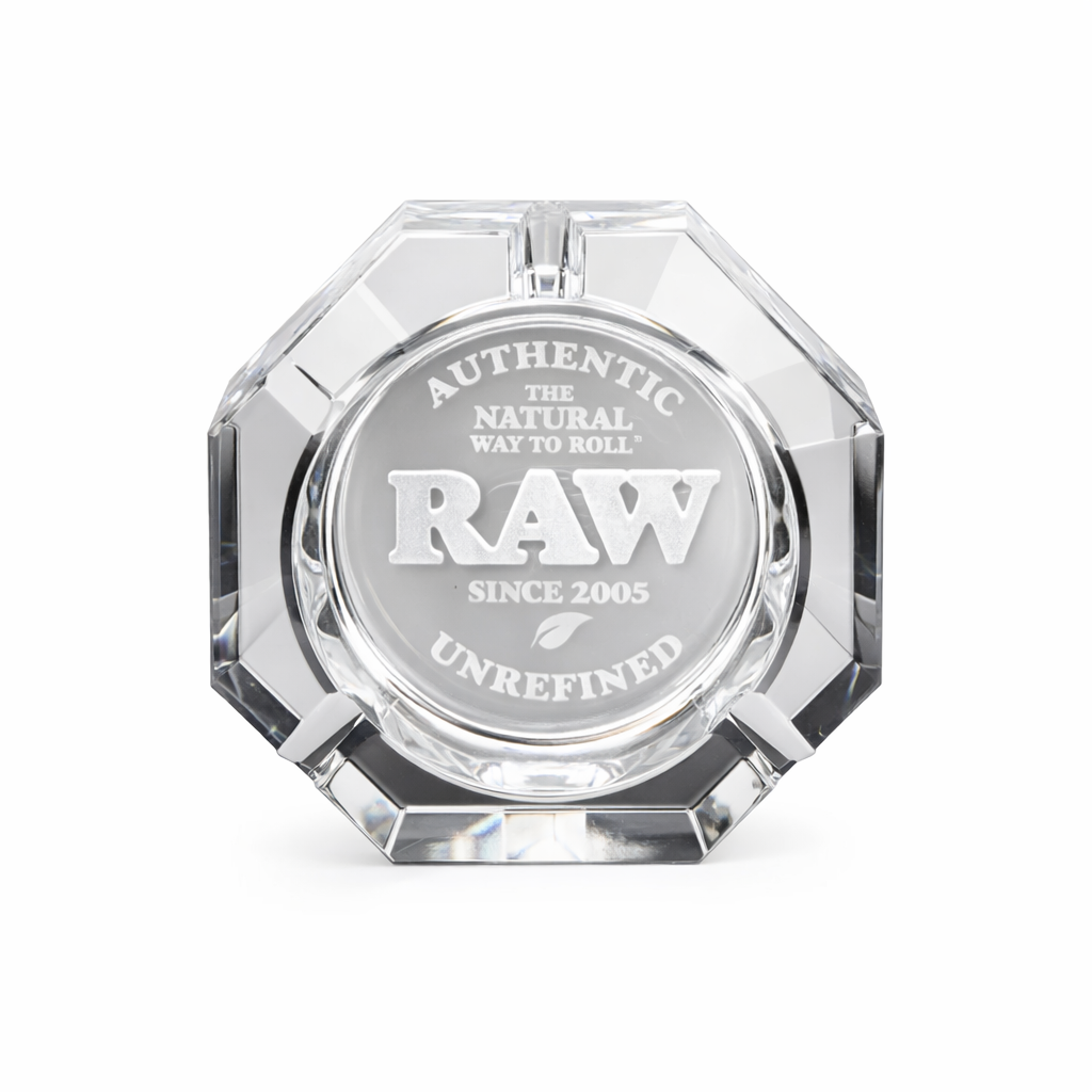 Clear glass ashtray with 'RAW' branding on a white background
