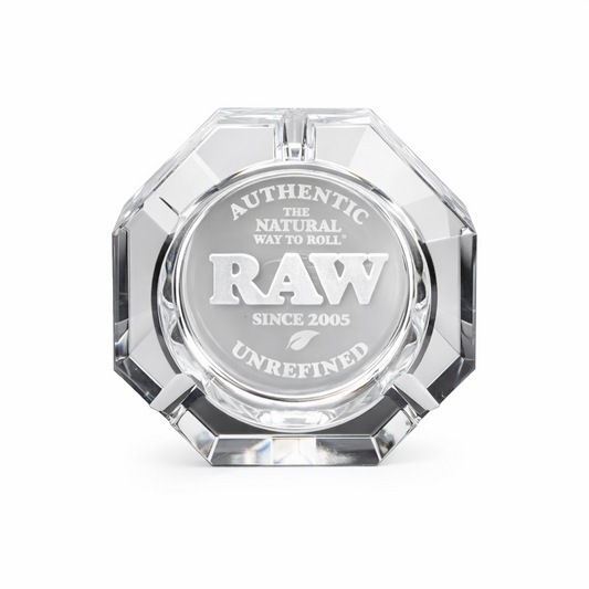 Clear glass ashtray with 'RAW' branding on a white background