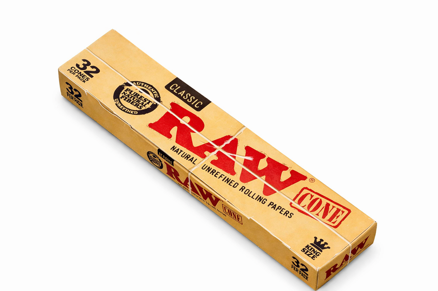 RAW King Size pre‑rolled cones 32‑piece pack shown in natural‑brown branded packaging on a pure white background.