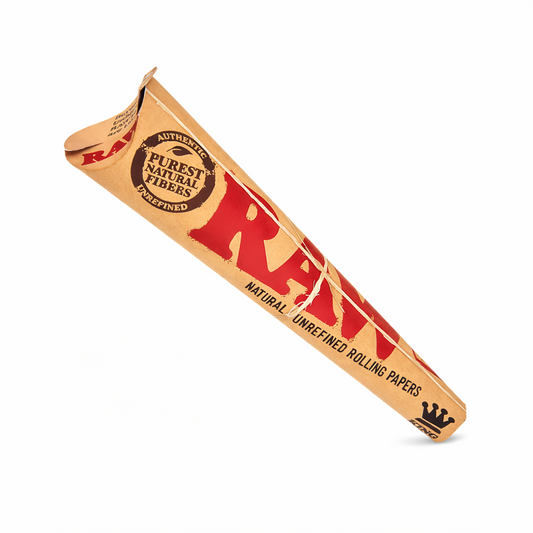 RAW Classic King Size Pre‑Rolled Cones – 3‑Piece Pack displayed on a pure white background. The black cone packaging features the red RAW logo, beige “CLASSIC” label, and brown badge reading “AUTHENTIC PUREST NATURAL FIBRE.” A natural twine wraps around the cone for a premium, unrefined look.