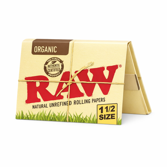Raw natural unbleached rolling papers in 1 1/2 size displayed in branded packaging on a pure white background.