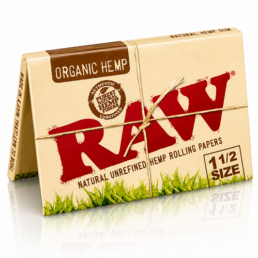 Raw natural unbleached rolling papers in 1 1/2 size displayed in branded packaging on a pure white background.