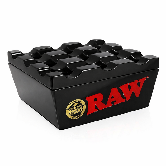 Black Outdoor Ashtray with 'RAW' branding on a white background