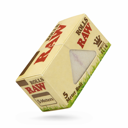 RAW Rolling Paper Rolls single pack shown in natural‑brown branded packaging with triangular window on a pure white background.