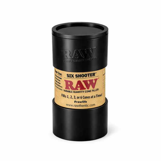 RAW Six Shooter King Size Cone Filler shown in branded packaging on a pure white background.