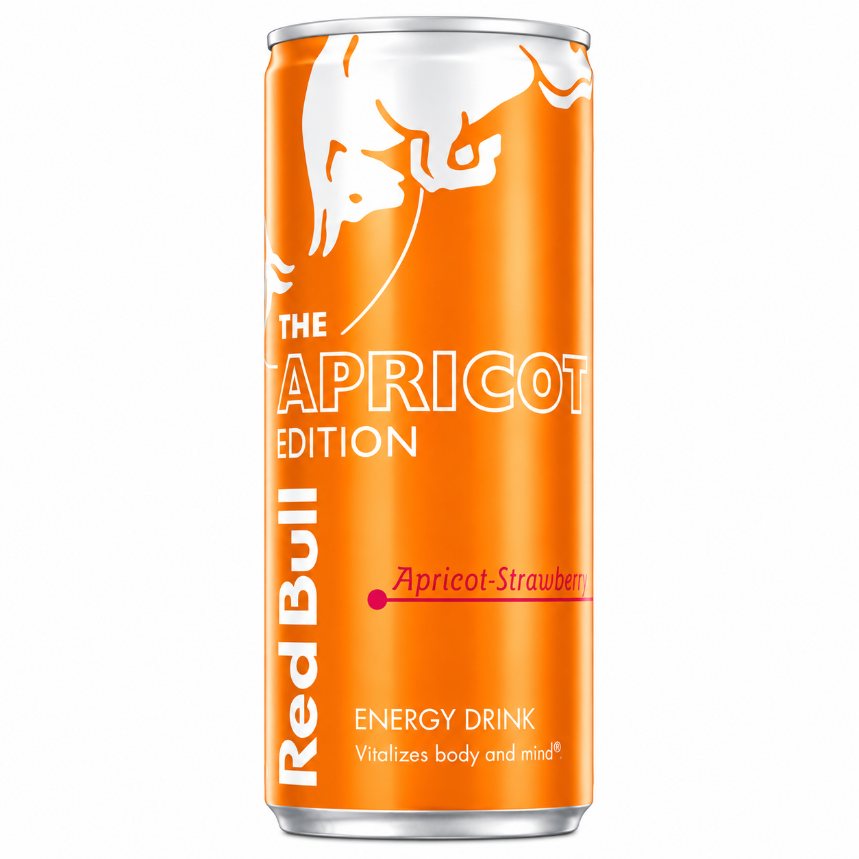 Orange Red Bull energy drink can with 'The Apricot Edition' text on a pure white background.