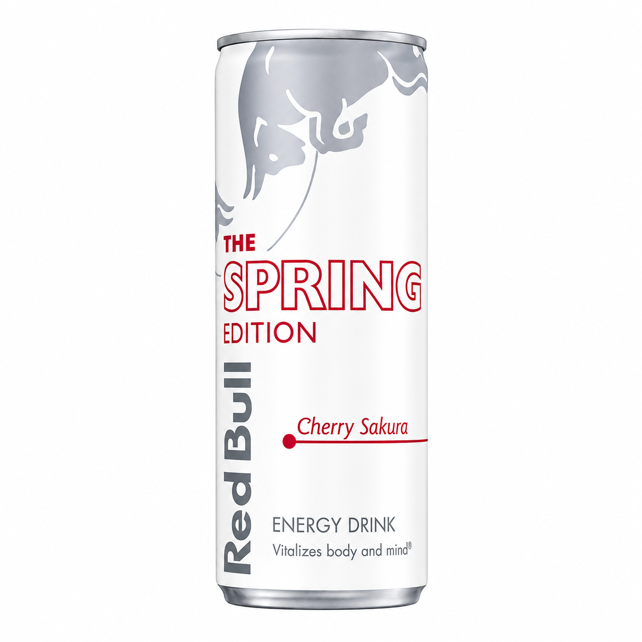 Red Bull energy drink can with 'The Spring Edition Cherry Sakura' label on a pure white background.