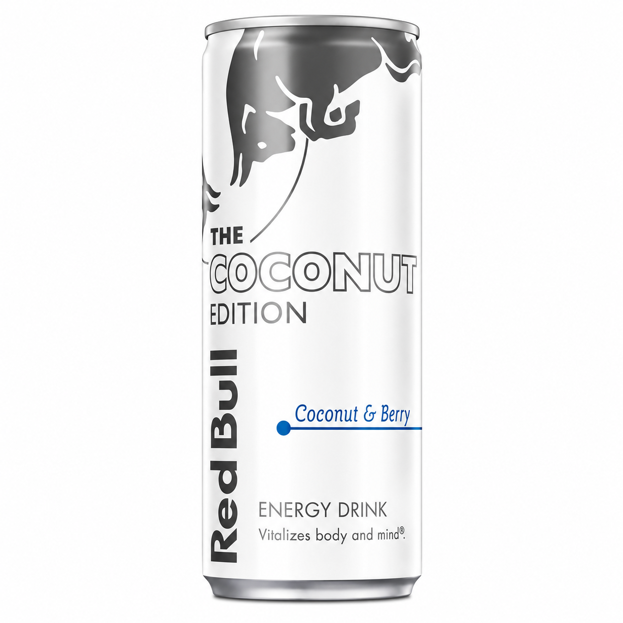 Red Bull Coconut Edition energy drink can on a pure white background.