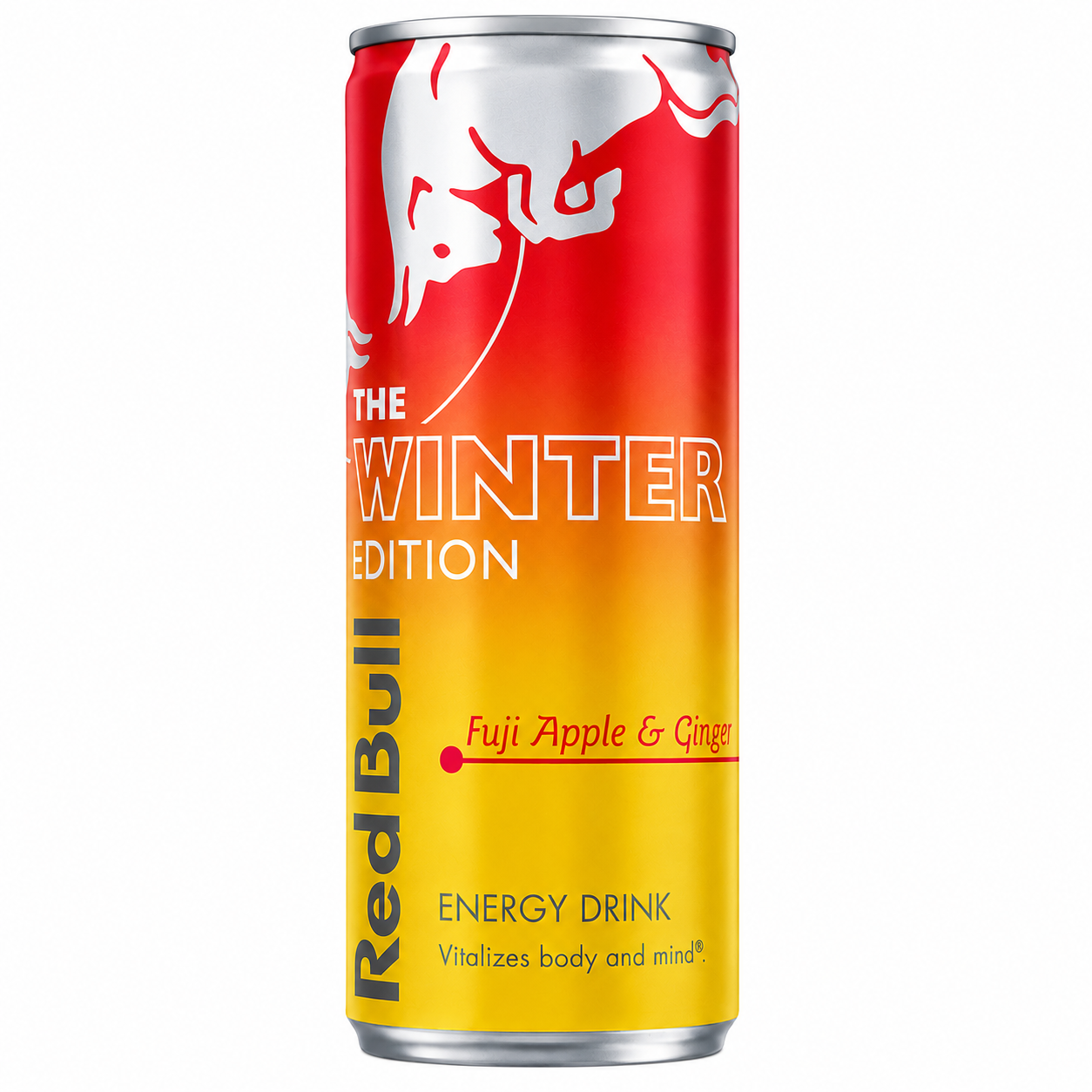 Red Bull energy drink can with 'The Winter Edition' label on a pure white background.