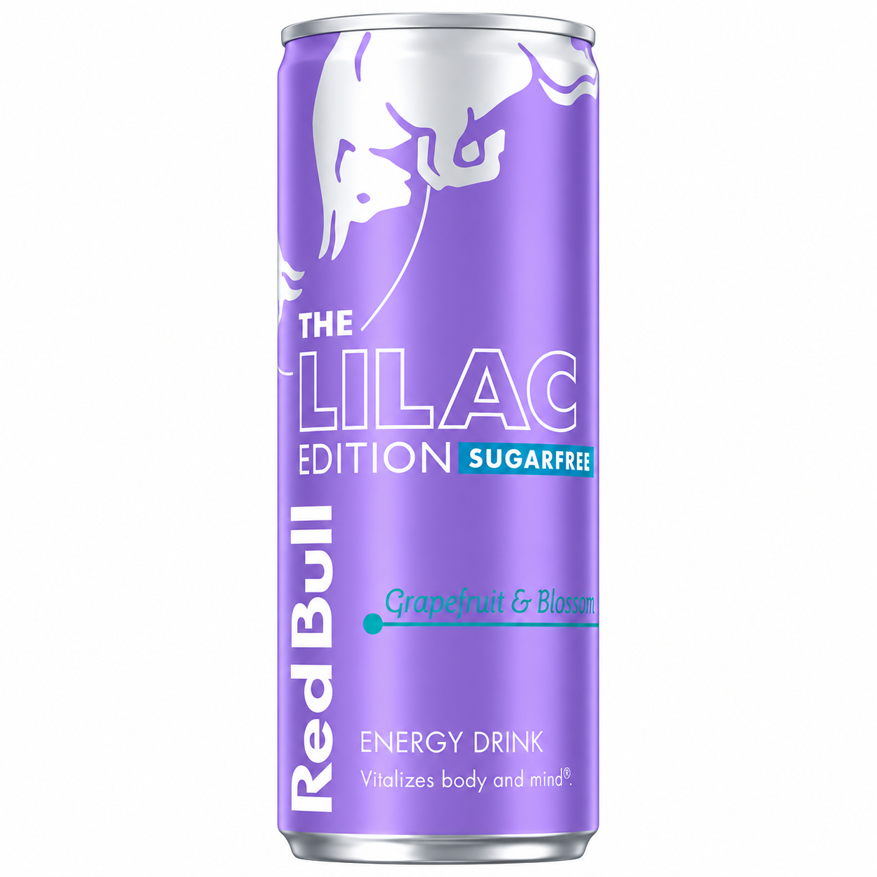 Purple Red Bull energy drink can with 'The Lilac Edition' text on a pure white background.