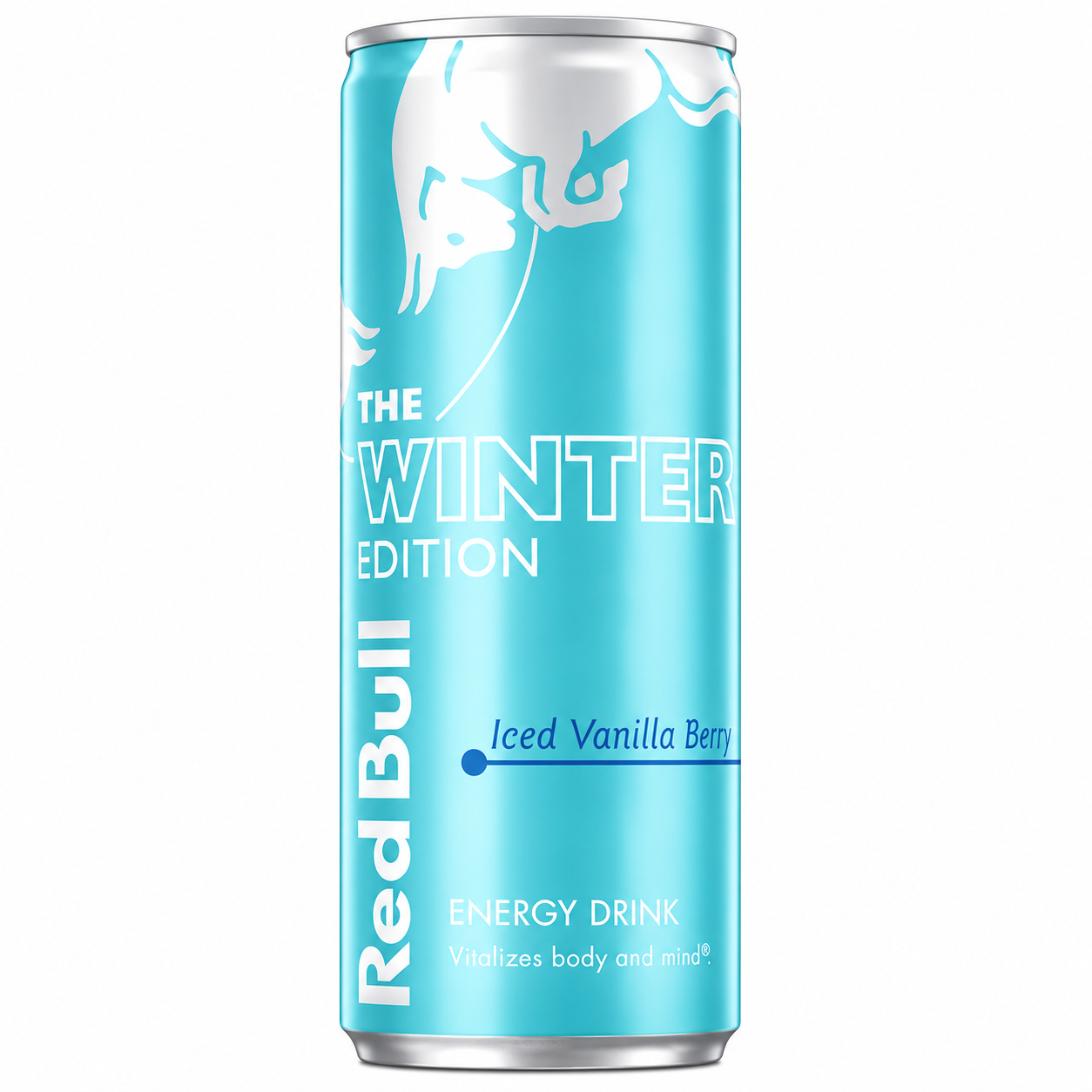 Red Bull energy drink can with 'The Winter Edition' label on a pure white background.
