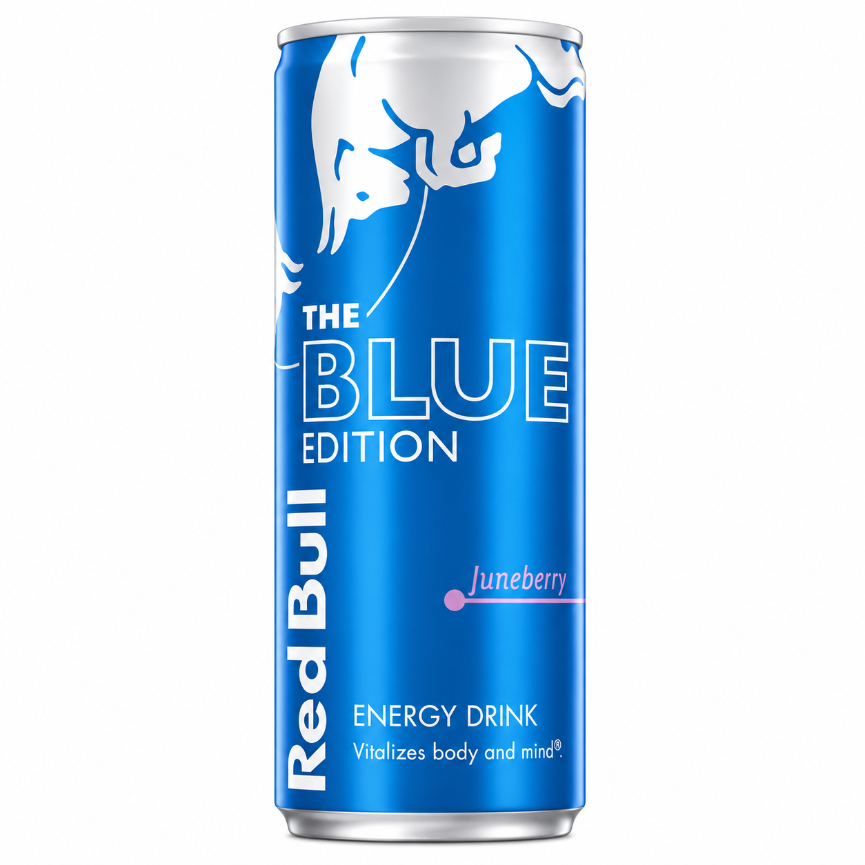 Red Bull energy drink can in blue and white on a pure white background.