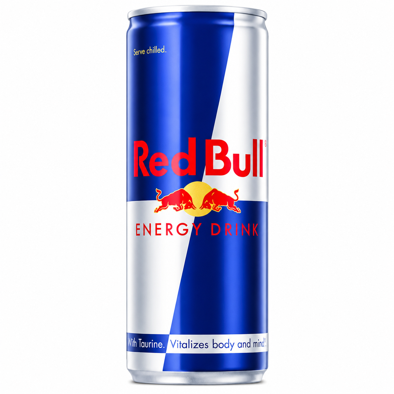 Red Bull energy drink can on a pure white background.