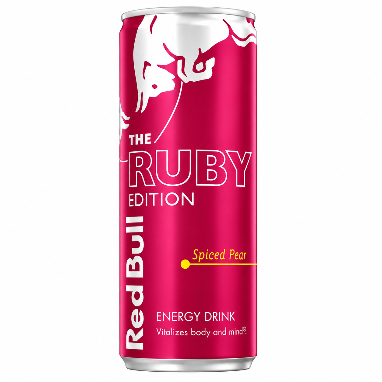 Red Bull Ruby Edition Spiced Pear energy drink can on a pure white background.