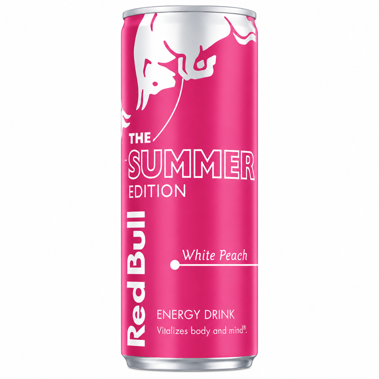Pink Red Bull energy drink can with white text on a pure white background.