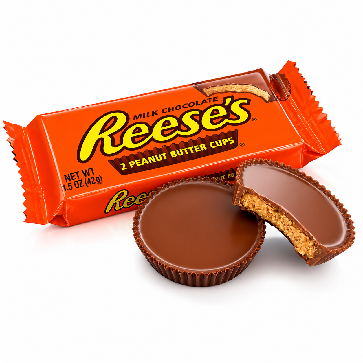 Reese's peanut butter cups with packaging on a pure white background.