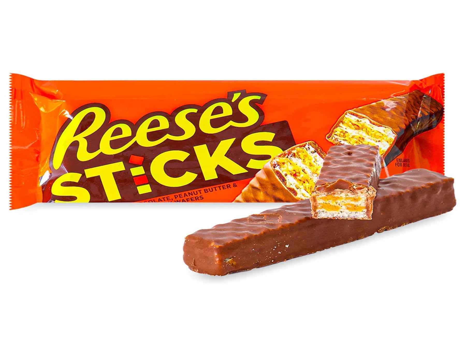 Reese’s Sticks Peanut Butter Wafer Bar 42g in its orange wrapper with bold Reese’s branding, showing the chocolate‑coated peanut butter wafer bar on the front of the packaging on a pure white background.