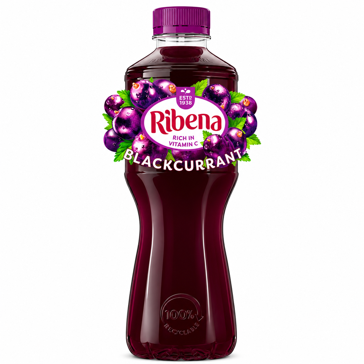 Bottle of Ribena Blackcurrant juice on a pure white background.