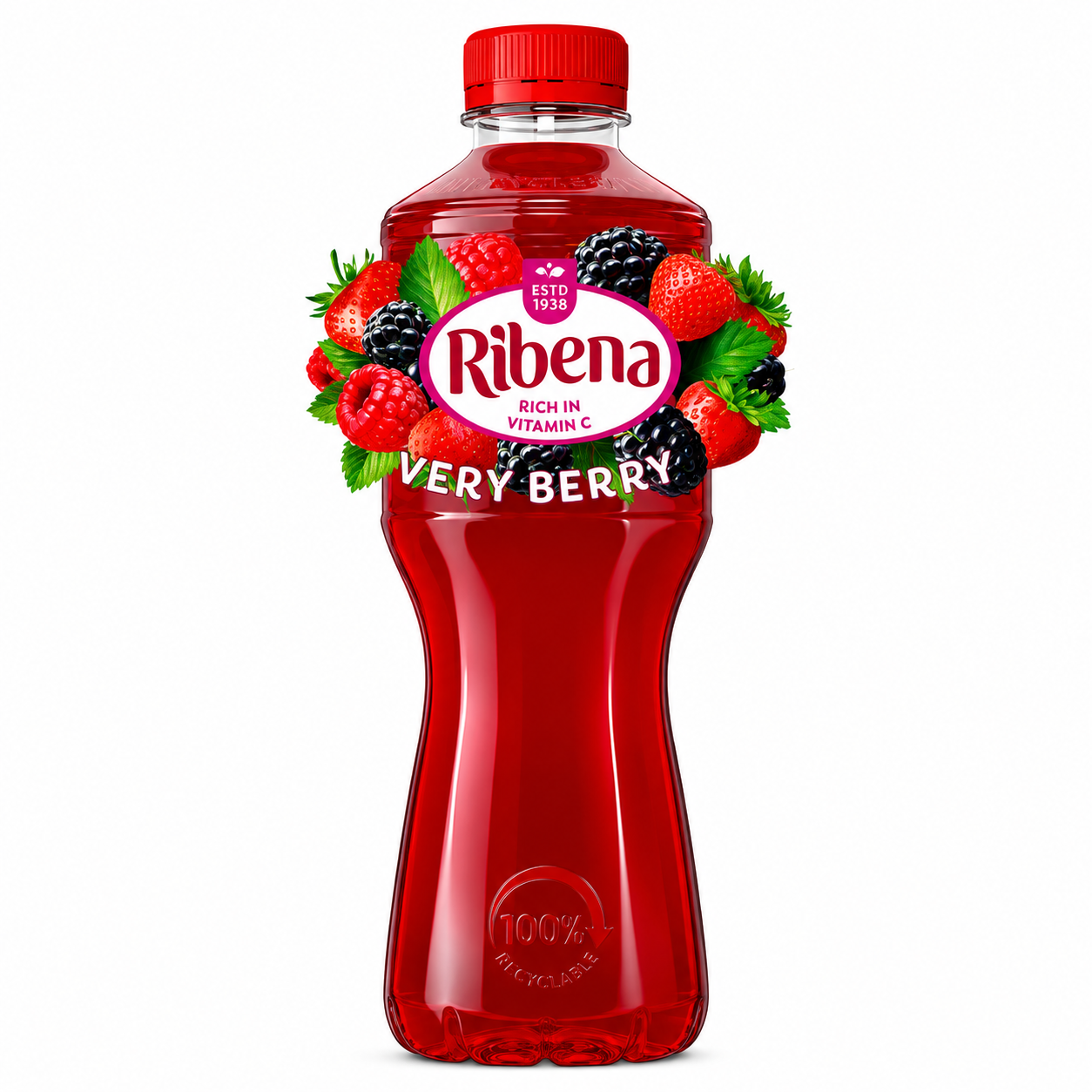 Red bottle of Ribena Very Berry juice with a red cap on a pure white background.