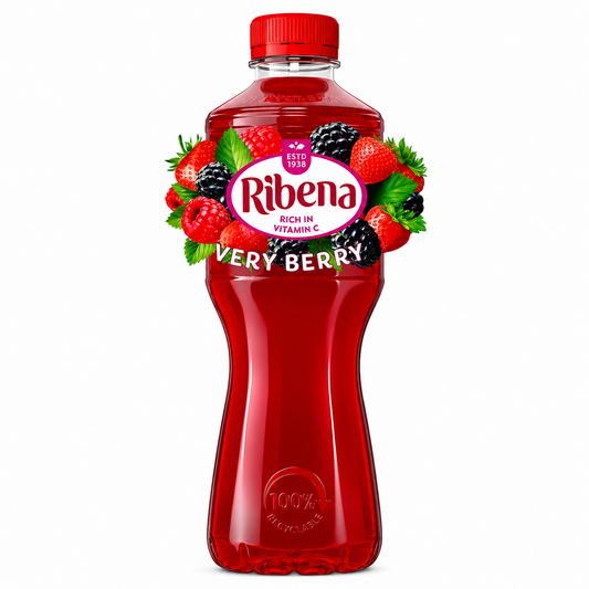 Red bottle of Ribena Very Berry juice with a red cap on a pure white background.