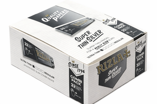 Rizla Plus Super Thin King Size Silver Combi Pack full box of 24, shown in branded silver packaging on a pure white background.