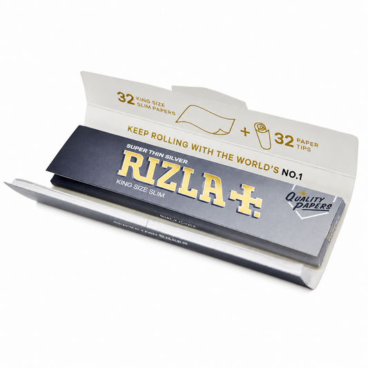 Rizla Silver King Size Slim rolling papers with matching filter tips in a combi pack displayed on a white background.