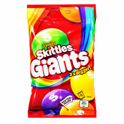 Skittles Giants 116g chewy fruit candy share pouch shown upright in colourful branded packaging on a pure white background.