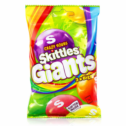 Skittles Giants 116g chewy fruit candy share pouch shown upright in colourful branded packaging on a pure white background.