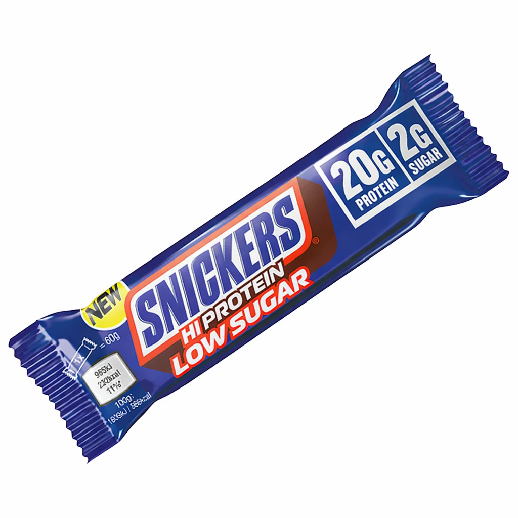 Snickers Hi Protein Low Sugar Chocolate Bar 57g shown in its blue and brown branded wrapper on a pure white background.