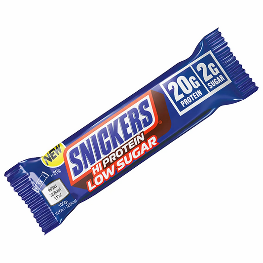 Snickers Hi Protein Low Sugar Chocolate Bar 57g shown in its blue and brown branded wrapper on a pure white background.