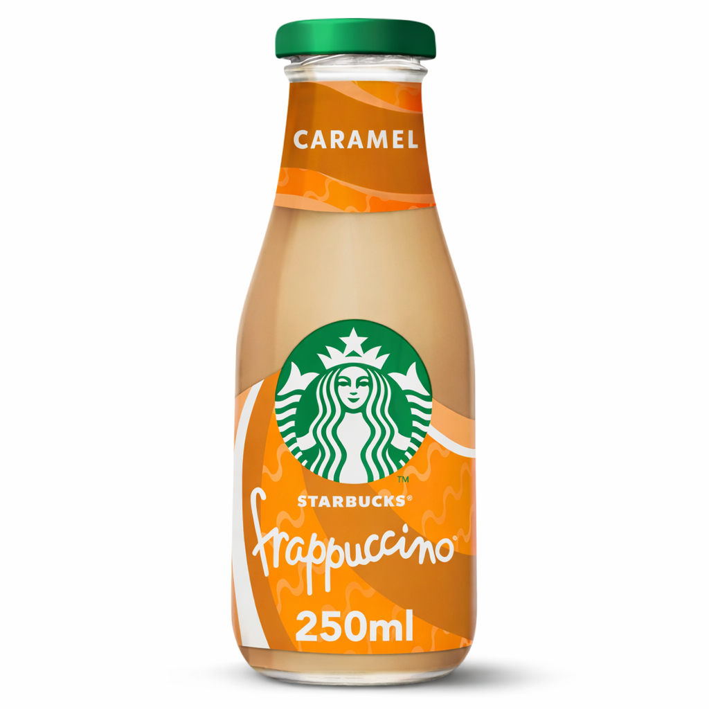 Starbucks Frappuccino Caramel coffee drink bottle shown in branded packaging on a pure white background.