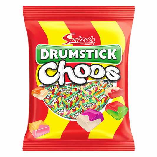 Swizzels Drumstick Choos Vegan Friendly 115g bag shown upright with red and yellow branded packaging on a pure white background.