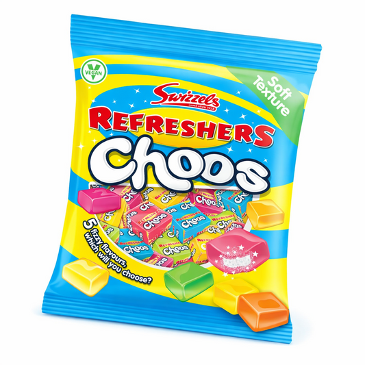 Swizzels Refreshers Choos 115g bag shown upright with colourful branded packaging on a pure white background.