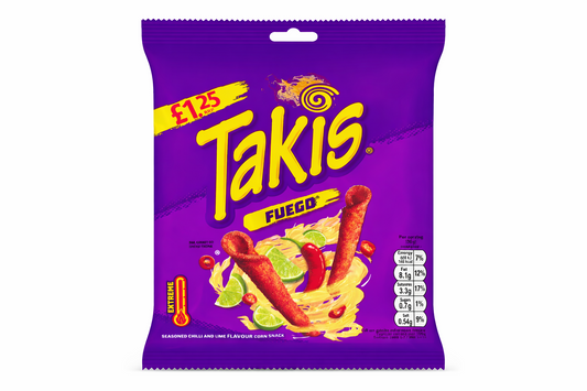 Takis Fuego crisps 55g bag centered on a pure white background, purple packaging with yellow logo and spicy rolled tortilla chips.
