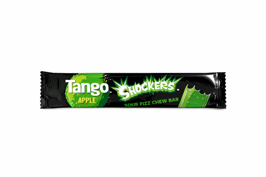 Tango Shockers Apple Sour Fizz Chew Bar centred on a pure white background, showing glossy black wrapper with bright green apple branding and clean sealed edges.