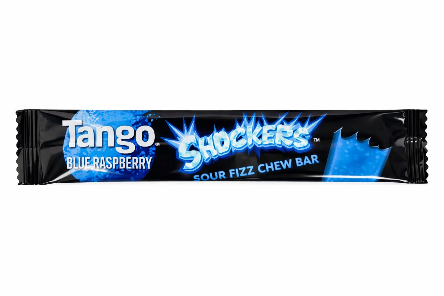 Tango Shockers Sour Fizz Chew Bar Candy 10g shown centred on a pure white background with glossy black wrapper and bright flavour branding.