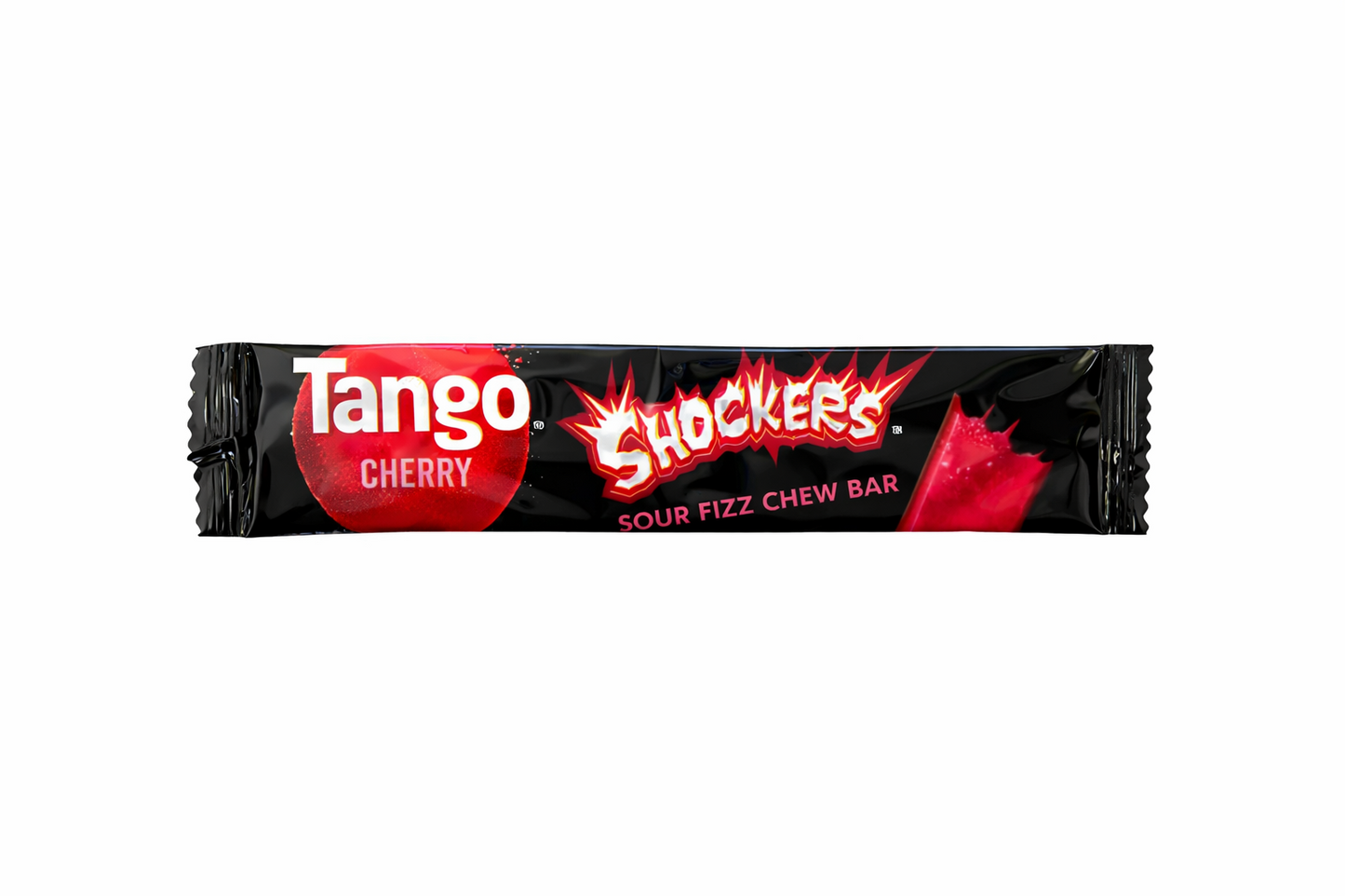 Tango Shockers Sour Fizz Chew Bar Candy 10g shown centred on a pure white background with glossy black wrapper and bright flavour branding.