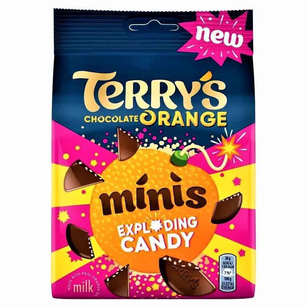 Terrys Minis exploding candy chocolate bag on a pure white background.