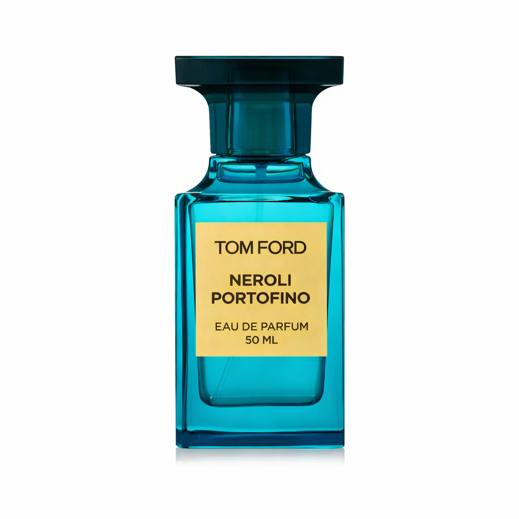 Tom Ford Neroli Portofino Eau De Parfum 50ml bottle standing upright on a pure white background, featuring turquoise glass with a yellow label on the front.