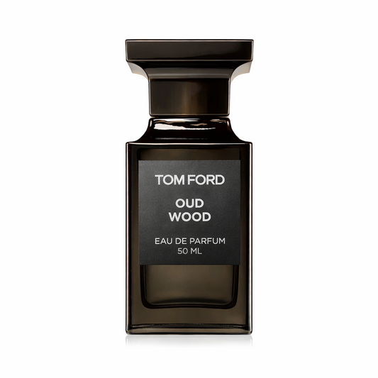 Tom Ford Oud Wood Eau De Parfum 50ml bottle standing upright on a pure white background, featuring the signature dark brown rectangular design with a gold label on the front.