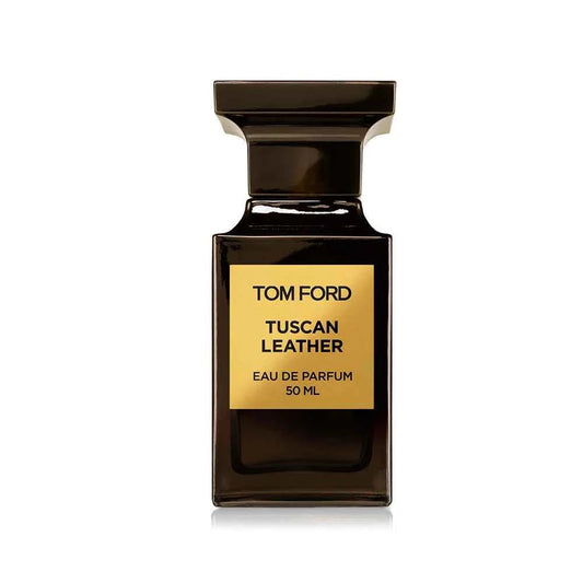 Tom Ford Tuscan Leather Eau De Parfum 50ml bottle standing upright on a pure white background, featuring a dark plum‑brown rectangular design with a gold label on the front.